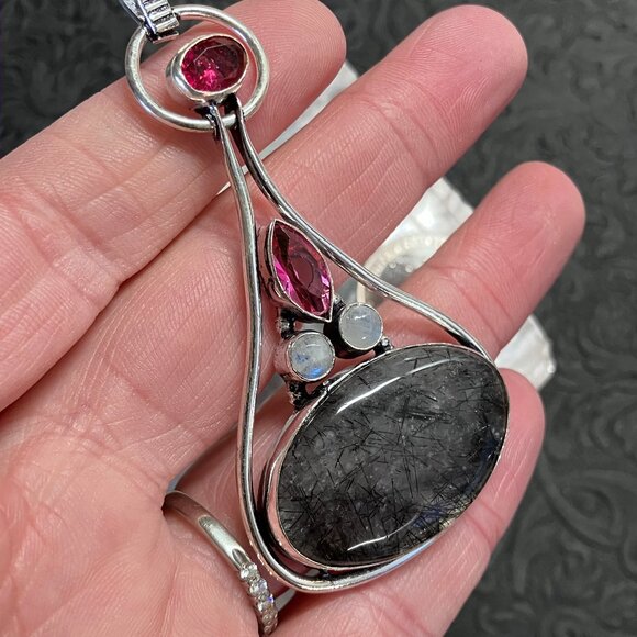Tourmalinated Quartz Rainbow Moonstone and Pink Gems Pendant - Picture 3 of 7